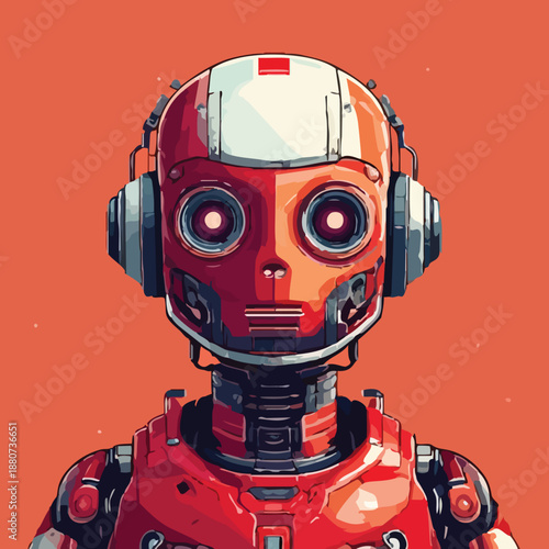 Red Robot with Headphones and Mechanical Details.
