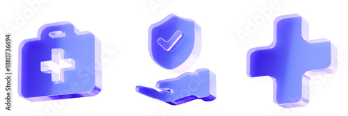 Set 3D Glass medical support and assistance icon isolated on transparent background, concept of healthcare protection help service and add action. Transparent Liquid Glass icon. 3D rendering.