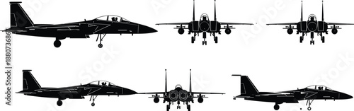 Vector illustration of F-15 Eagle silhouettes—symbols for aviation, aircraft, military, defense, engineering, flight, technology, power, precision, and aeronautical design