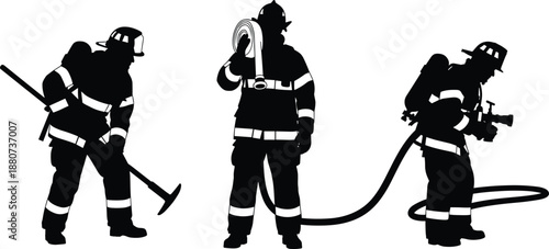 Vector illustration of firefighter silhouettes—symbols for emergency response, bravery, teamwork, protection, gear, hazard, rescue, safety, equipment, and fire service identity