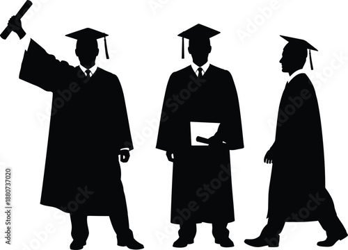 Vector illustration of graduation silhouettes—symbols for achievement, education, ceremony, success, pride, transition, student identity, celebration, milestone, and academic honor