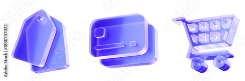 Set 3D Glass shopping cart payment card and price tag icon isolated on transparent background, concept of online shopping ecommerce checkout and retail pricing. Transparent Liquid Glass icon. 3D rende