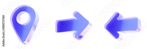 Set 3D Glass navigation map pin arrow icon isolated on transparent background, concept of direction and location pointing. Transparent Liquid Glass icon. 3D rendering.
