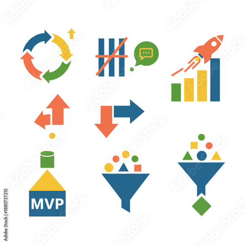 business process icons illustrating agile development data analysis lean startup methodology and growth strategies for project management presentations.