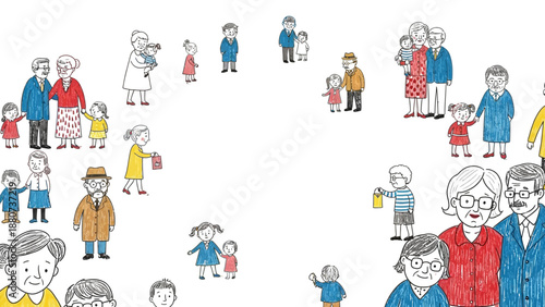 intergenerational families and community members in a hand-drawn illustration representing social connections aging and childhood for education.