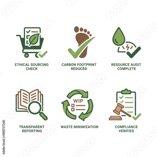 esg sustainability icons illustrating ethical sourcing carbon footprint reduction resource audits waste minimization.