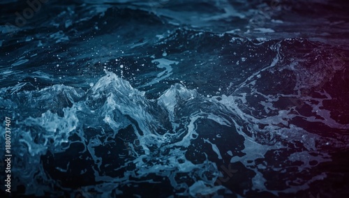 Waves Crashing in Deep Blue Water During Night Hours With Light Reflections