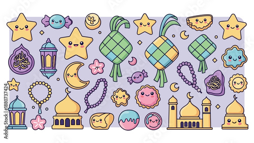 Kawaii Eid Celebration Icons: Ketupat, Mosque, Stars, Lanterns, Moon, Beads