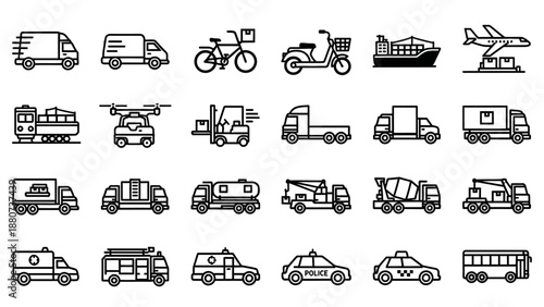 Collection of Various Vehicles and Transportation Icons.