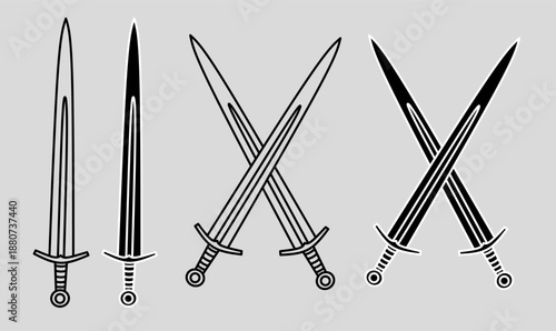 sword icon set.single blade and crossed swords.for logo, game,emblem,and heraldry. vector illustration in line art, outline, silhouette isolated grey background.