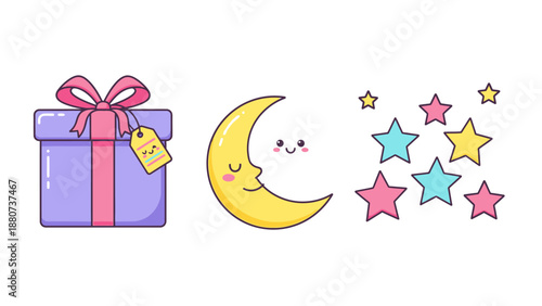 Kawaii Gift Box, Moon, and Stars Illustration