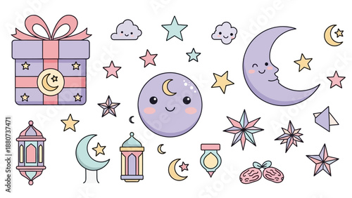 Kawaii Islamic Elements: Gift Box, Moon, Stars, Lanterns, Clouds, Dates, Celebration