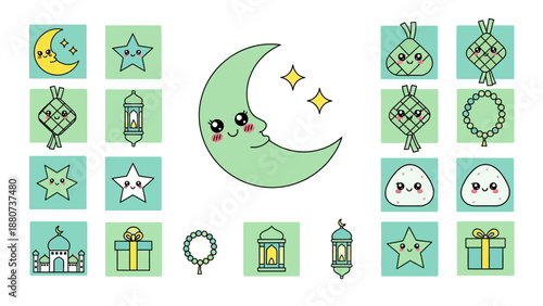Kawaii Islamic Icons: Moon, Mosque, Ketupat, Lanterns, Stars, Gift, Prayer Beads