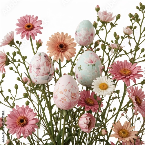 Pink Flowers and Decorative Eggs Arranged in a Springtime Display for Easter ...