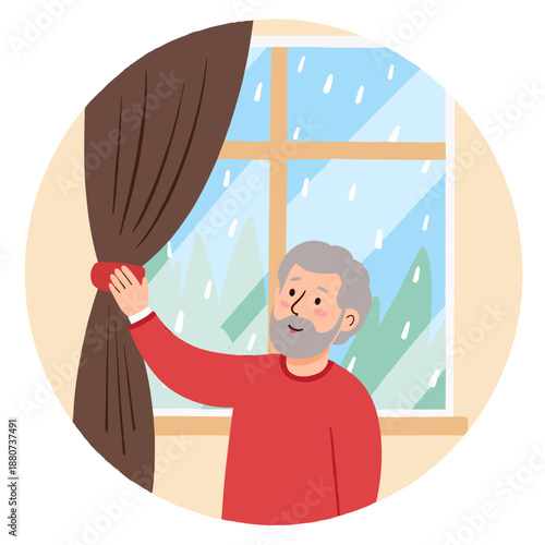 Elderly man opening curtains to let light in during rainy day  
