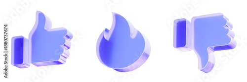 Set 3D Glass social reaction icon isolated on transparent background, concept of like dislike and user feedback. Transparent Liquid Glass icon. 3D rendering.