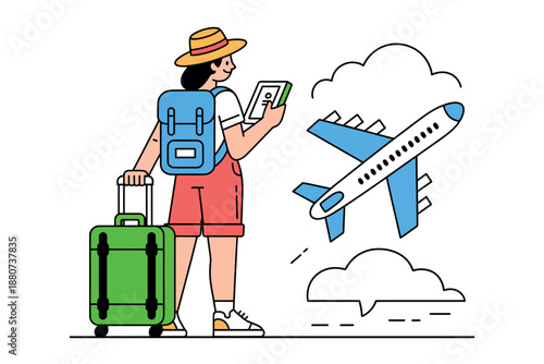 Traveler with luggage and airplane flying in the sky, vacation and adventure concept