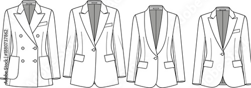 Women blazer technical sketch collection, fashion line art illustration, modern formal jacket design, apparel vector template set for business wear