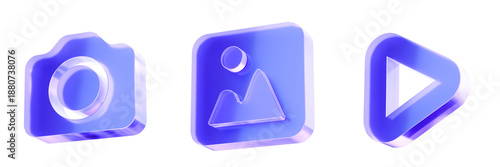Fotografie Set 3D Glass camera photo gallery play video icon isolated on transparent background, concept of multimedia entertainment and player