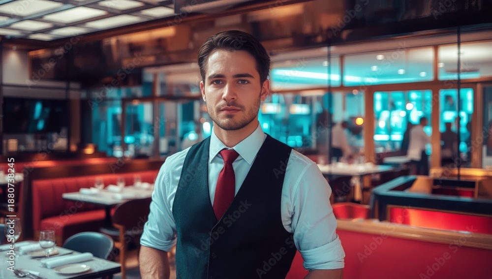 Fototapeta premium Man in Suit Stands in Restaurant With Modern Design During Evening Hours, Ready for Customers