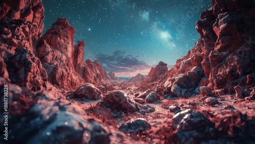 Landscape With Rocks, Stars, and a Distant Horizon at Twilight in a Vast Outd...