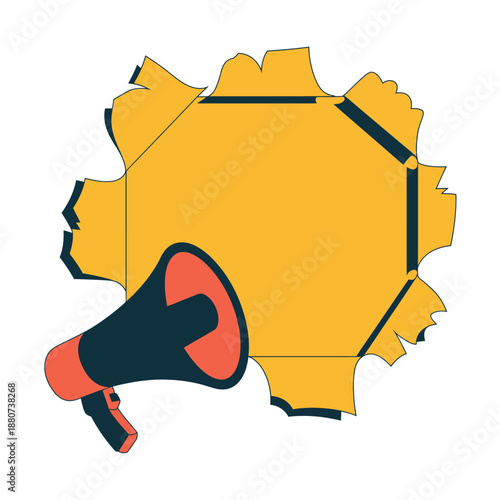 Megaphone beside yellow torn paper