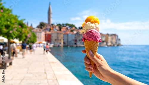 A person's hand holds a cone of multi-colored ice cream with a stunning seaside town in the background. Sunshine and blue water