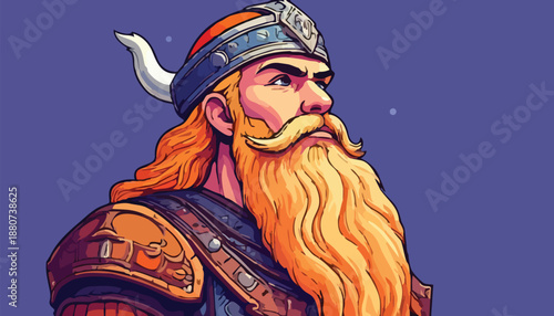 Viking Warrior with Horned Helmet and Braided Beard Illustration.