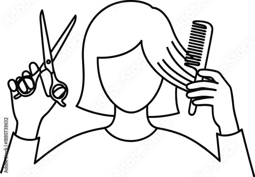 Woman cutting her own hair with scissors and comb