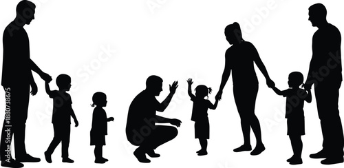 Family silhouette with parents and children, bonding moment, child development, parenting support, love, teaching, trust, happy family life