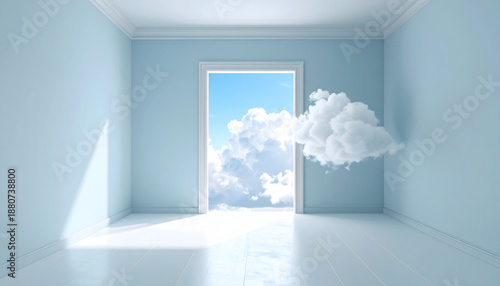 Open blue door revealing a cloud filled sky for dreamlike escapism and travel concept