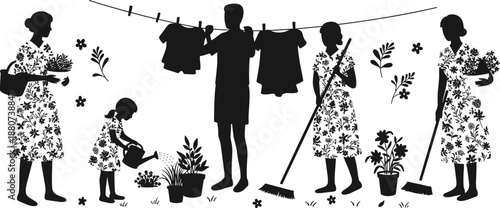 Family gardening and housework, teamwork at home, daily chores, watering plants, hanging laundry, cleaning, sustainable lifestyle, domestic unity, rural life, nature harmony