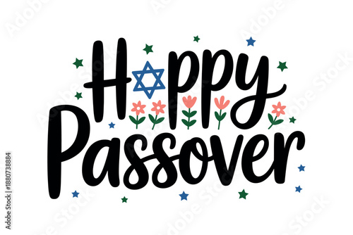 Happy Passover Greeting with Star of David, Flowers, and Colorful Stars on White Background