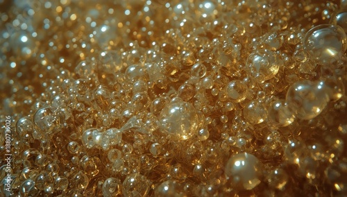 Bubbles Floating in Golden Liquid During a Close-Up View at a Warm Setting
