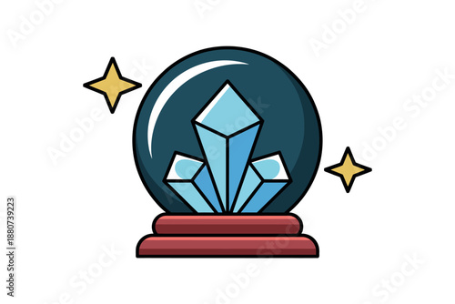 Crystal Ball with Blue Crystals and Golden Stars on Red Base Illustration