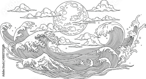 An intricate black and white illustration of a fantastical landscape