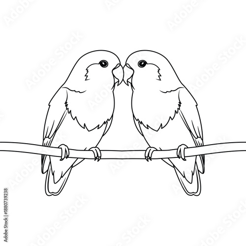 Minimal outline illustration of lovebirds facing each other on a branch