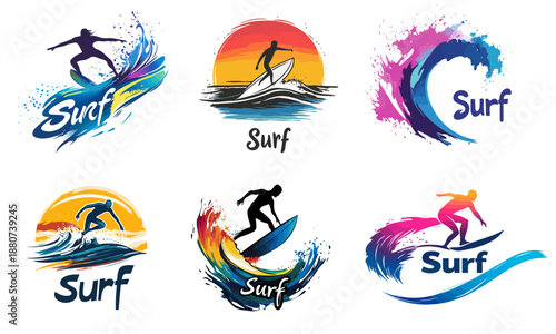 Colorful vector surf logo badges, dynamic ocean waves, surfer silhouettes, sunset and splash effects, vibrant color, perfect for t-shirt print, stickers and summer beach branding.