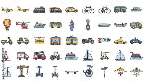 Collection of Various Transportation Icons and Symbols.