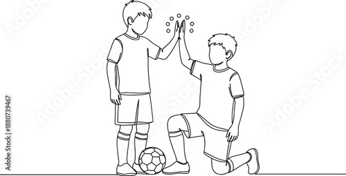 Continuous one line drawing of two young soccer players giving a high five celebration on the football field