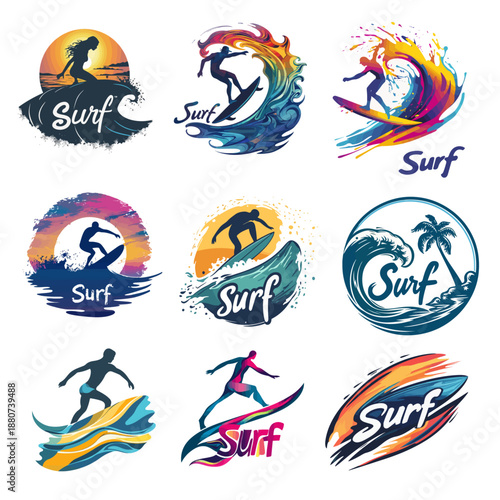 Colorful vector surf logo badges, dynamic ocean waves, surfer silhouettes, sunset and splash effects, vibrant color, perfect for t-shirt print, stickers and summer beach branding.