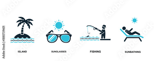 Island sunglasses fishing sunbathing vector illustration icon set symbol concept drawing