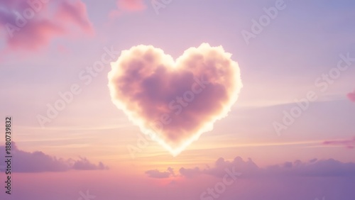 Heart-shaped cloud floating over pastel sunset sky, dreamy 3D render, soft lighting, conceptual love and romance illustration.