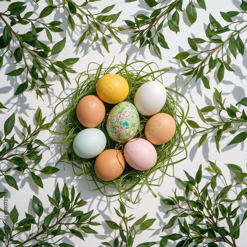 Colorful Eggs Arranged in a Circle on Grass With Leaves During Spring Season
