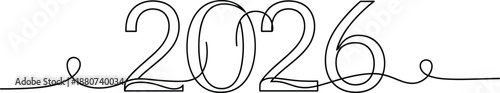 Continuous one line drawing of the year 2026 for happy new year celebration and upcoming future calendar events.