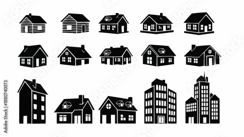 Collection of various house and building silhouettes in different styles and shapes on white background high quality professional