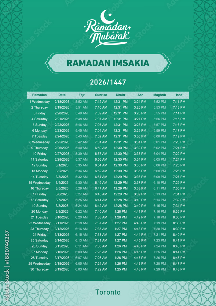 Naklejka premium Ramadan Imsakia 2026 Toronto Prayer Times Schedule
