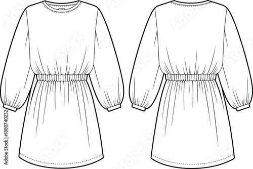 Fashion technical flat sketch of long sleeve mini dress, front and back view, elastic waist detail, casual dress template vector