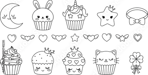 Cute kawaii doodle cupcakes, moon, bunny, star and heart elements in black and white hand drawn style for coloring and clipart use