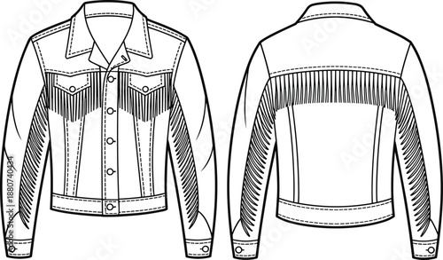 Women's, fringe, denim, jacket, technical, flat, sketch, front, and, back, view, vector, illustration, western, style, apparel, design, manufacturing, template, isolated